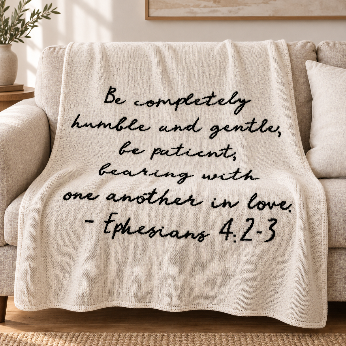 Natural Ephesians 4:2–3 script blanket styled across an oatmeal sofa, with the black scripture lettering visible.