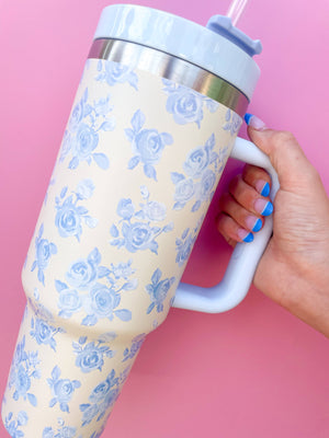 
                  
                    Load image into Gallery viewer, Rock Paper Scissors - Cream &amp;amp; Blue Floral 40oz Tumbler
                  
                