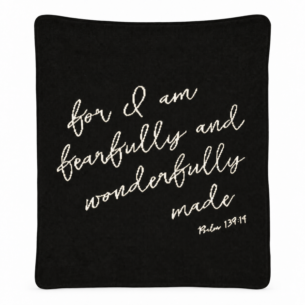 Fearfully and Wonderfully Made blanket in Black, full studio view on white.