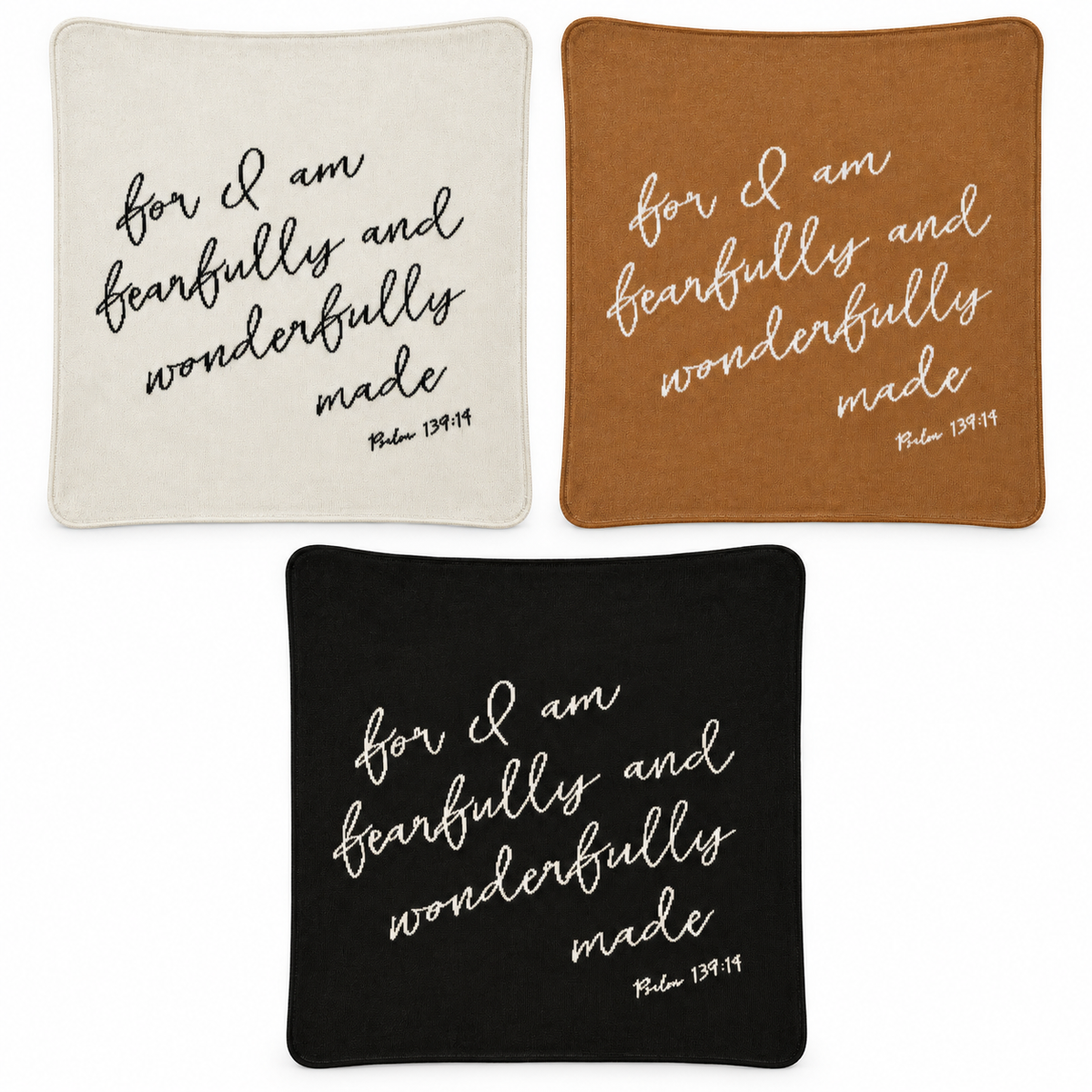 Fearfully and Wonderfully Made blanket in Natural, Caramel and Black at matching scale. Each sold separately; size and color availability varies.