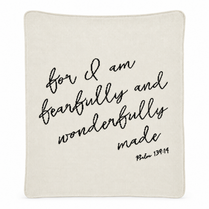 Fearfully and Wonderfully Made blanket in Natural, full studio view on white.