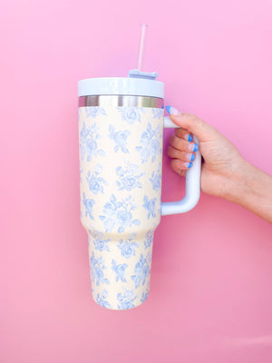 
                  
                    Load image into Gallery viewer, Rock Paper Scissors - Cream &amp;amp; Blue Floral 40oz Tumbler
                  
                