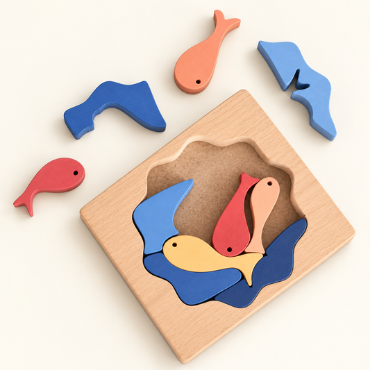 Five Fish wooden puzzle tray and colorful fish and water pieces on a plain background.