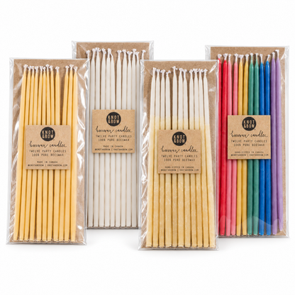 Tall Beeswax Birthday Candles | Pack of 12 | Knot & Bow — Natural, Ivory, Yellow Ombre, Rainbow