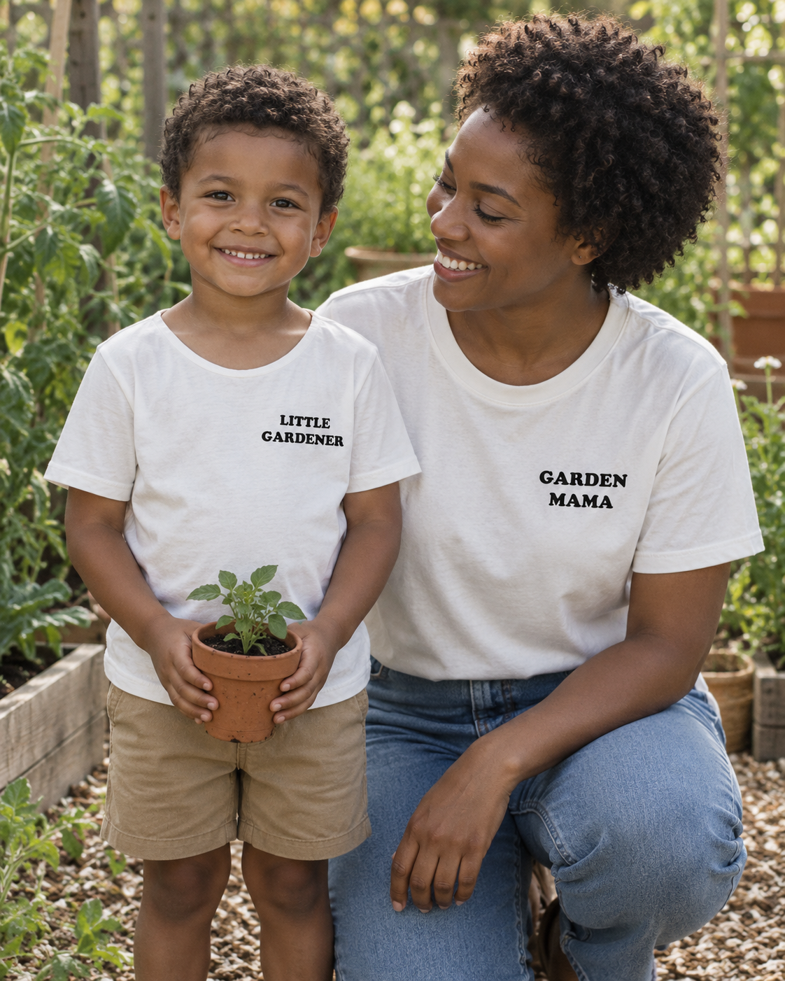 AI-styled mother and child wearing Garden Mama and Little Gardener tees in a garden; each tee sold separately