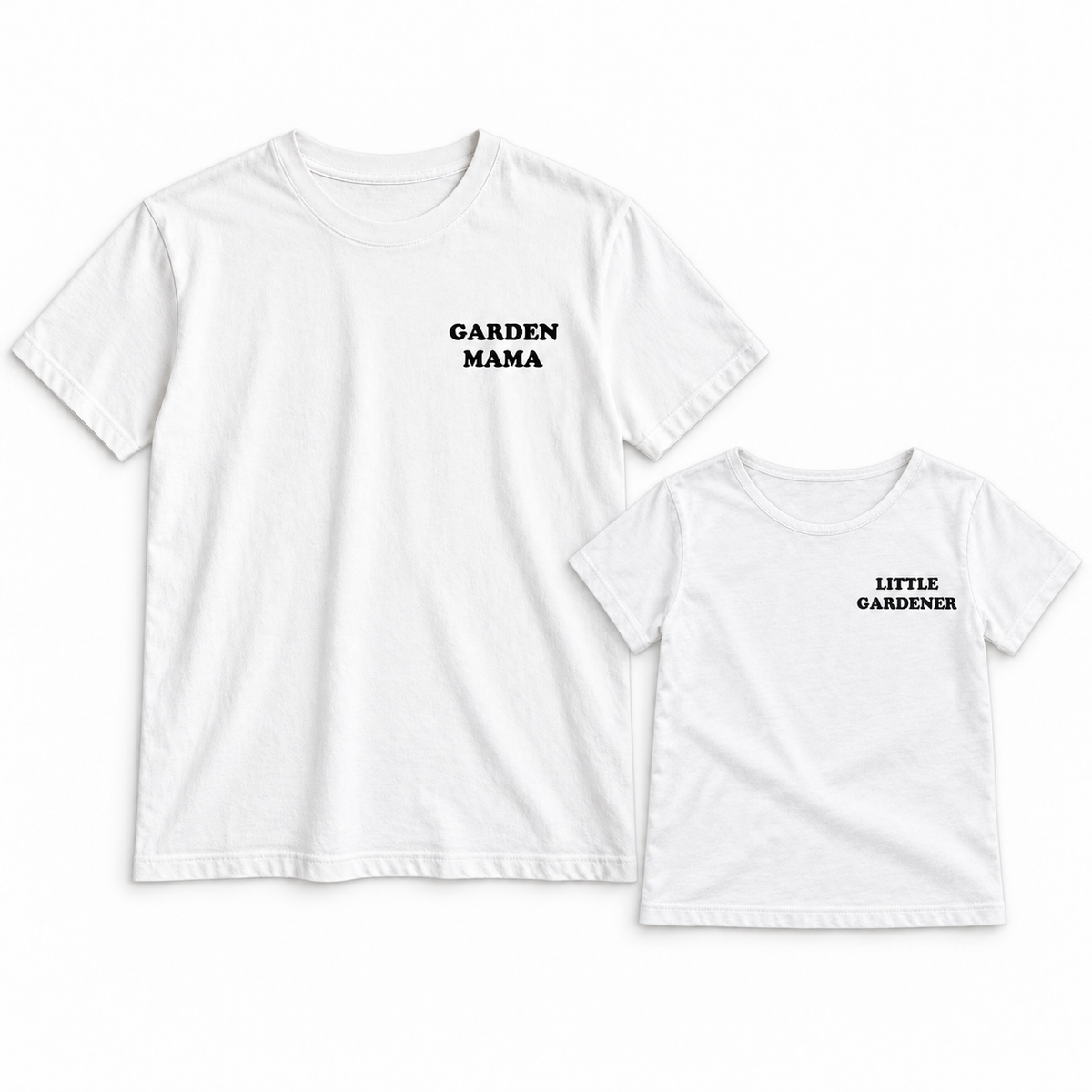 Garden Mama + Little Gardener adult and kids' tees together in a studio flat lay; each tee sold separately.