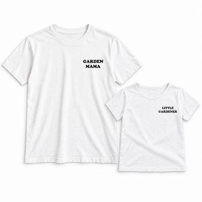 Garden Mama + Little Gardener adult and kids' tees together in a studio flat lay; each tee sold separately.