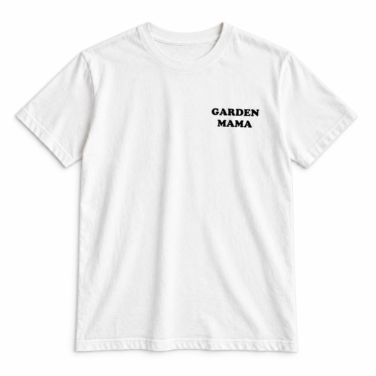 White Garden Mama unisex tee, front studio view with crew neckline and small black left-chest lettering