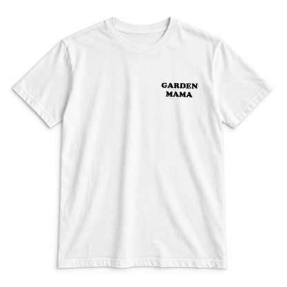 White Garden Mama unisex tee, front studio view with crew neckline and small black left-chest lettering
