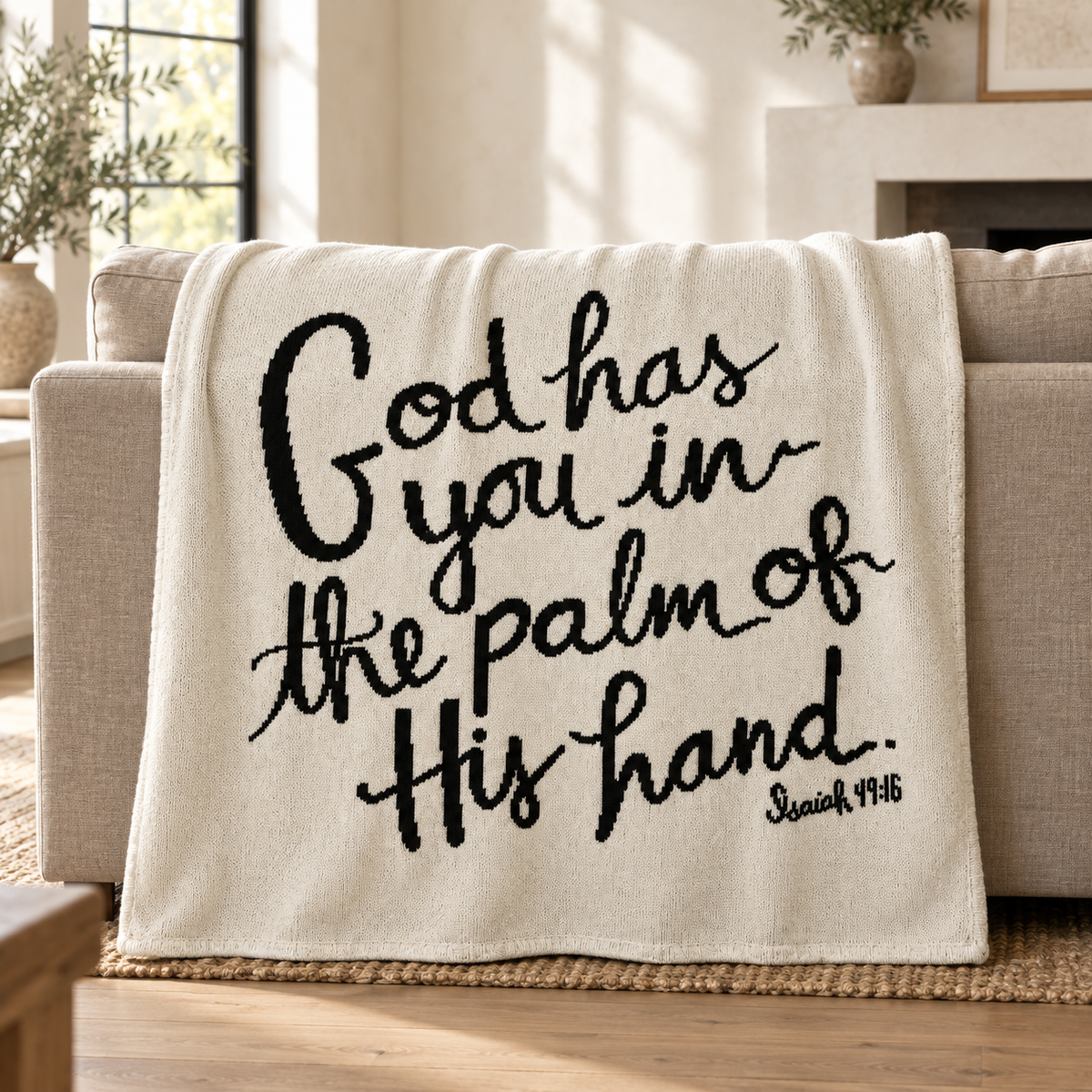 God Has You blanket in Natural with black hand-lettered artwork, draped over a linen sofa in a sunlit living room.
