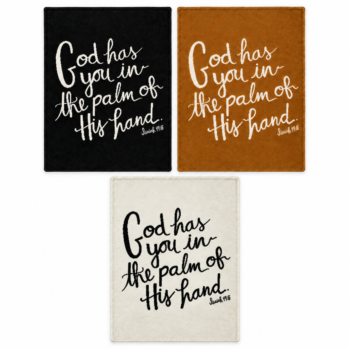 God Has You recycled cotton throw blankets in Black, Caramel and Natural. All color options; each sold separately.