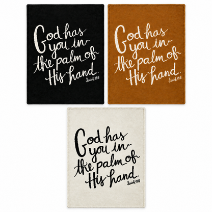 God Has You recycled cotton throw blankets in Black, Caramel and Natural. All color options; each sold separately.