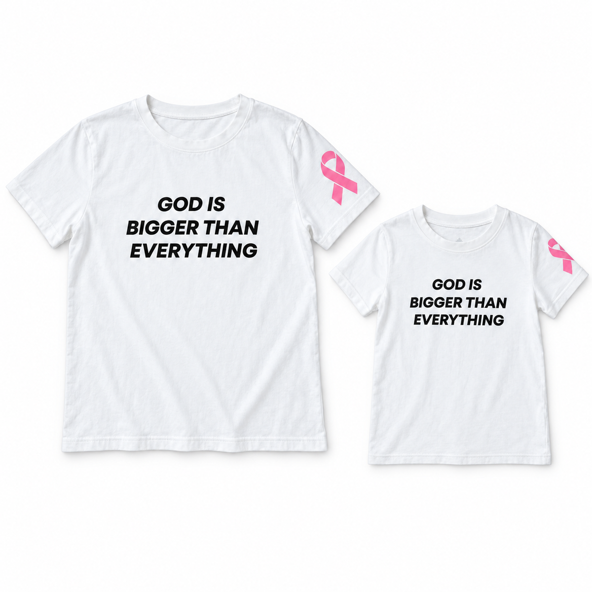 God Is Bigger Than Everything matching adult and kids Cloud tees, shown together at adult and child scale; each tee sold individually.
