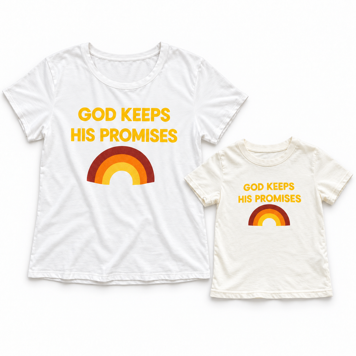 God Keeps His Promises women's and kids' rainbow tees shown together in a studio flat lay; each tee sold separately.