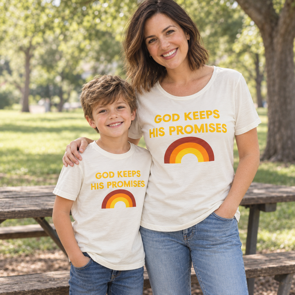 AI-styled mother and son wearing coordinating God Keeps His Promises organic tees at a neighborhood park; each tee sold separately