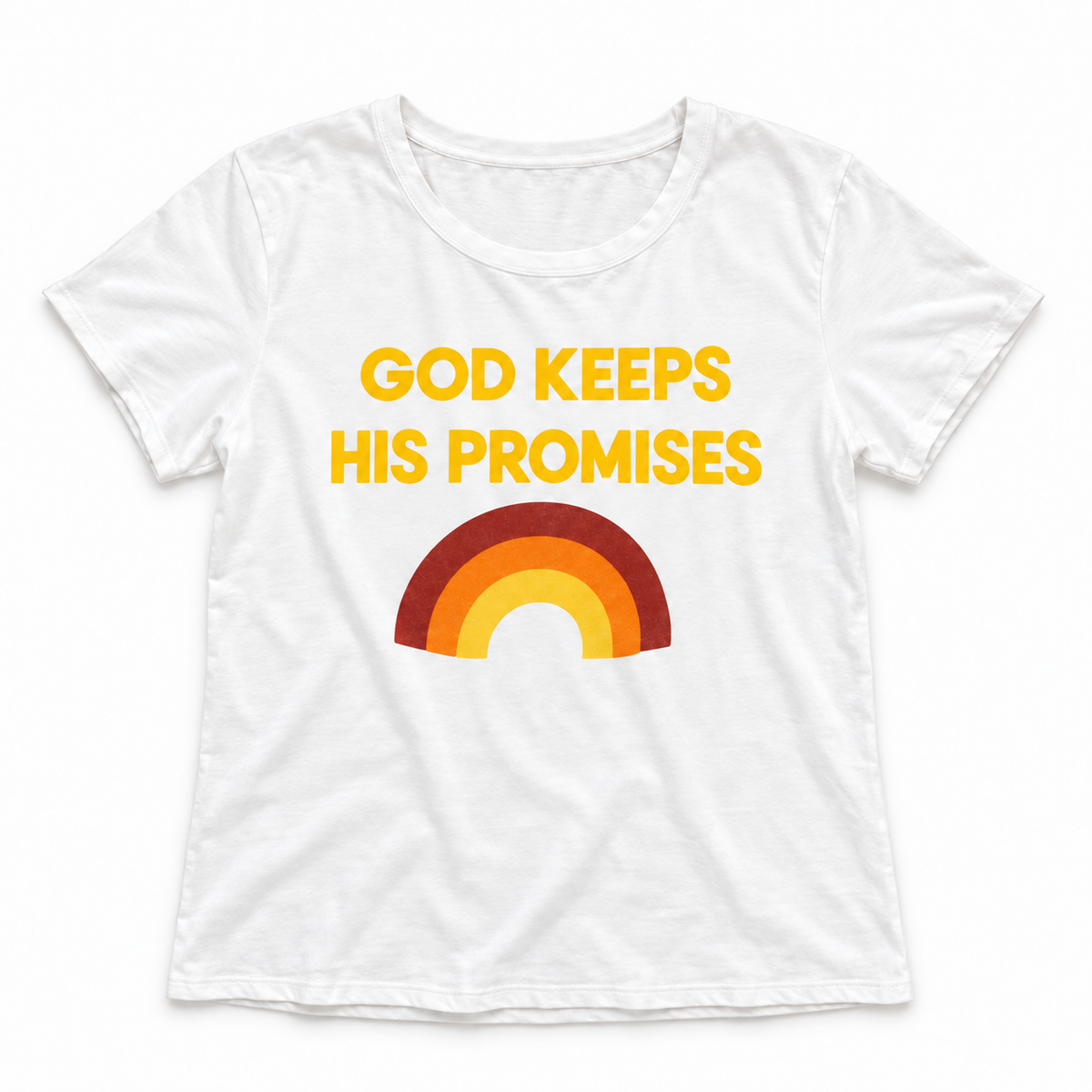 God Keeps His Promises women's ivory tee with upright golden-yellow lettering and three-color rainbow, full front studio rendering