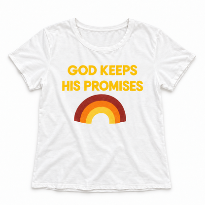 God Keeps His Promises women's ivory tee with upright golden-yellow lettering and three-color rainbow, full front studio rendering