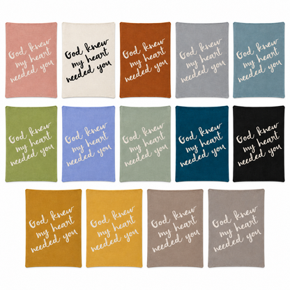 God Knew My Heart Needed You knit throw in all fourteen colors, arranged in three rows. Each color sold separately.