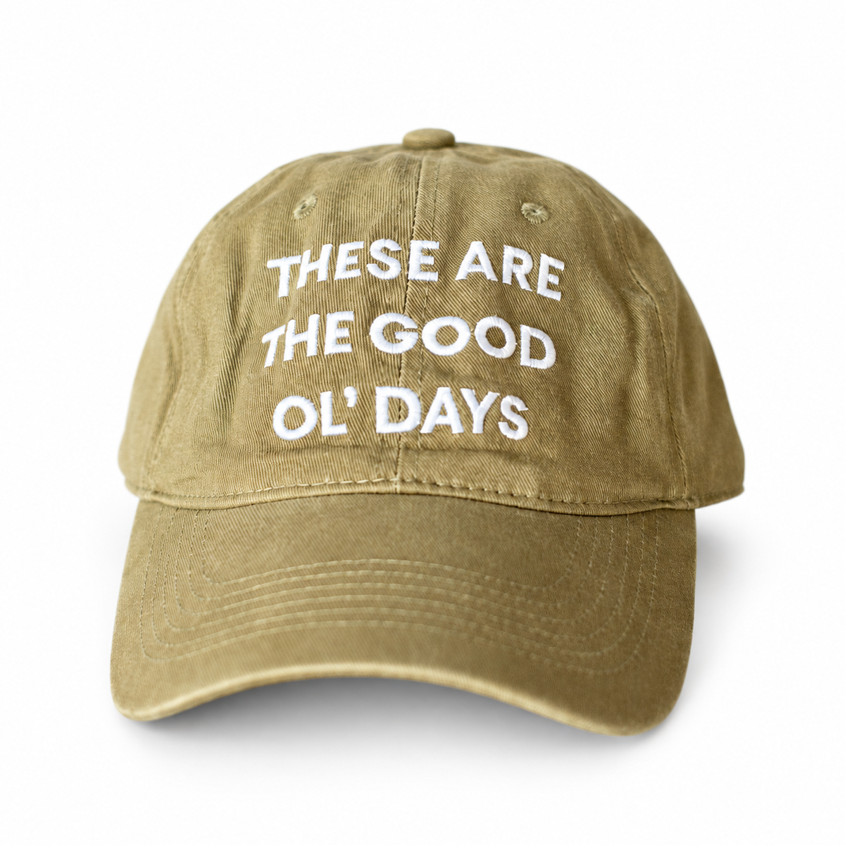 Modern Burlap Good Ol' Days adult baseball cap in Army Green — studio view