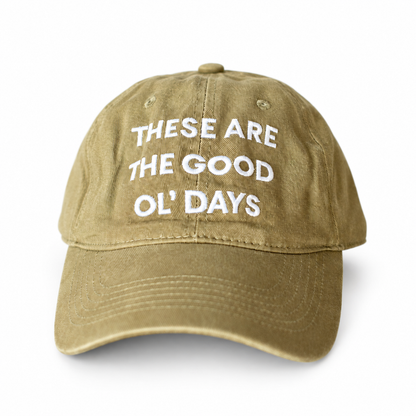 Modern Burlap Good Ol' Days adult baseball cap in Army Green — studio view