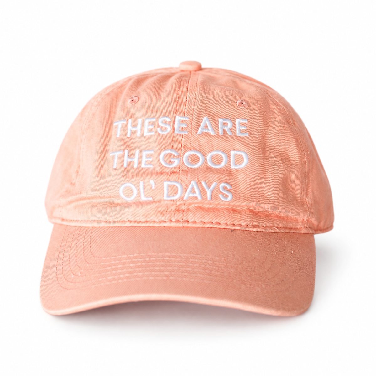 Modern Burlap Good Ol' Days adult baseball cap in Coral — studio view