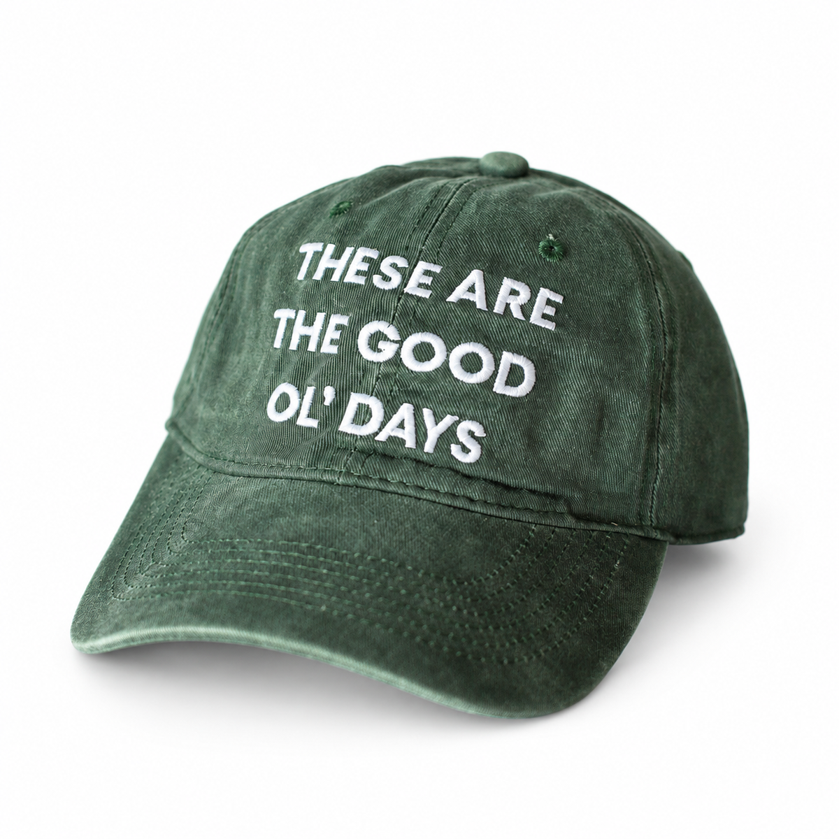 Modern Burlap Good Ol' Days adult baseball cap in Dark Green — studio view