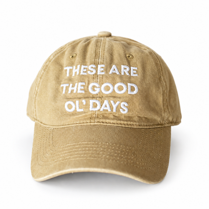 Modern Burlap Good Ol' Days adult baseball cap in Khaki — studio view