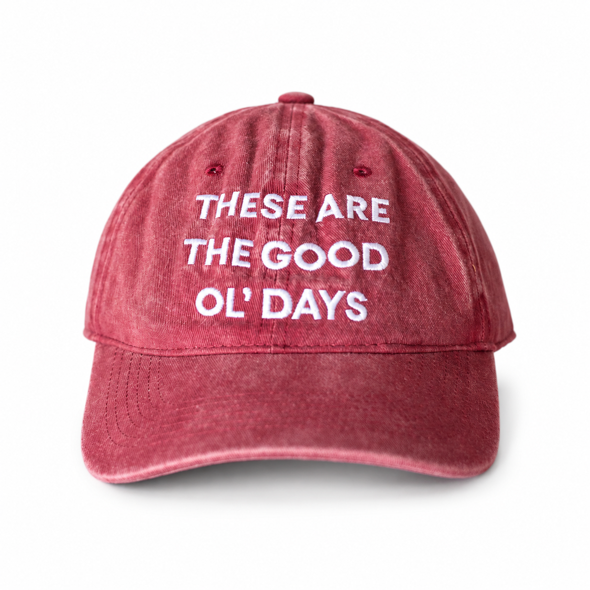 Modern Burlap Good Ol' Days adult baseball cap in Maroon — studio view