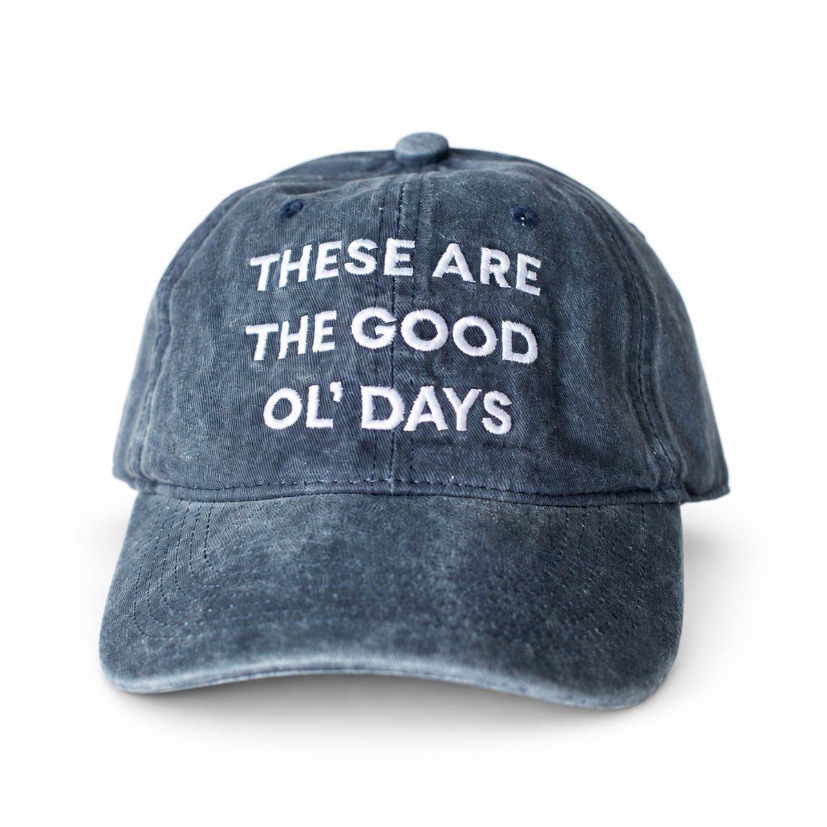 Modern Burlap Good Ol' Days adult baseball cap in Navy Blue — studio view