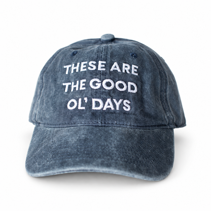 Modern Burlap Good Ol' Days adult baseball cap in Navy Blue — studio view