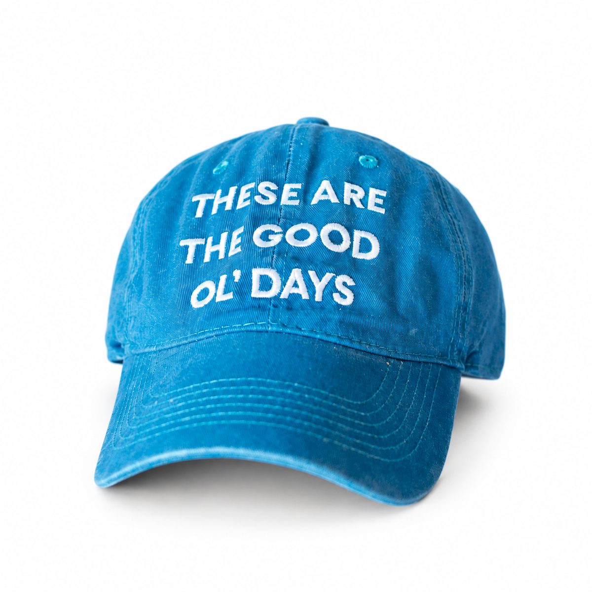 Modern Burlap Good Ol' Days adult baseball cap in Ocean Blue — studio view
