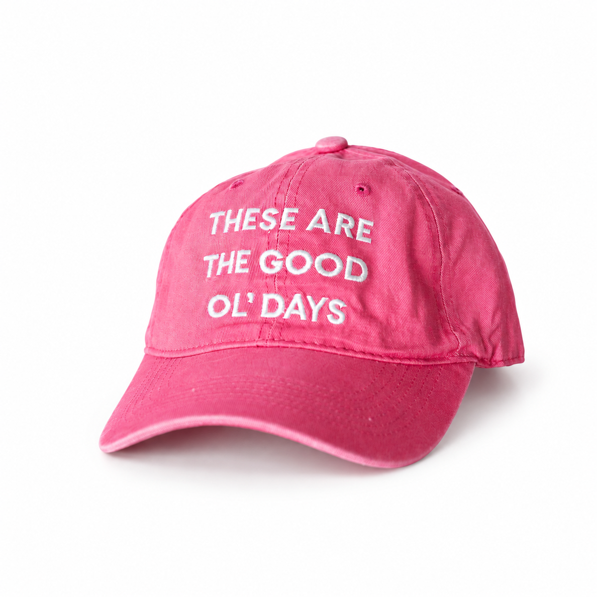 Modern Burlap Good Ol' Days adult baseball cap in Rose Pink — studio view