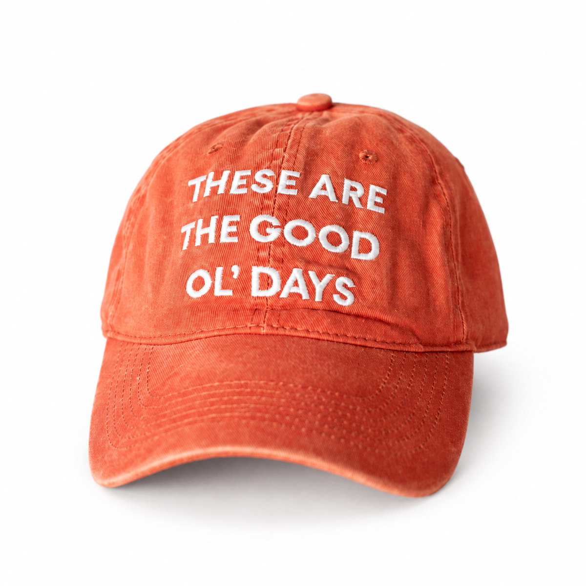 Modern Burlap Good Ol' Days adult baseball cap in Rust Orange — studio view