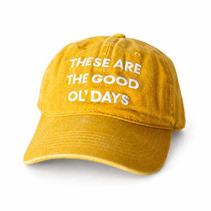 Modern Burlap Good Ol' Days adult baseball cap in Yellow — studio view