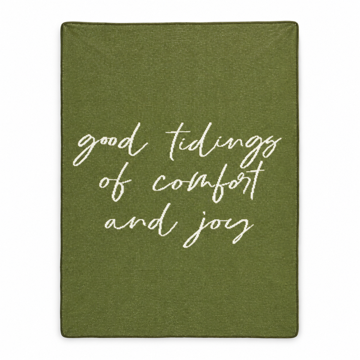 Good Tidings of Comfort and Joy recycled cotton blanket — Kaki Green studio flat lay