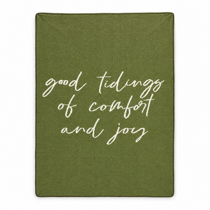 Good Tidings of Comfort and Joy recycled cotton blanket — Kaki Green studio flat lay