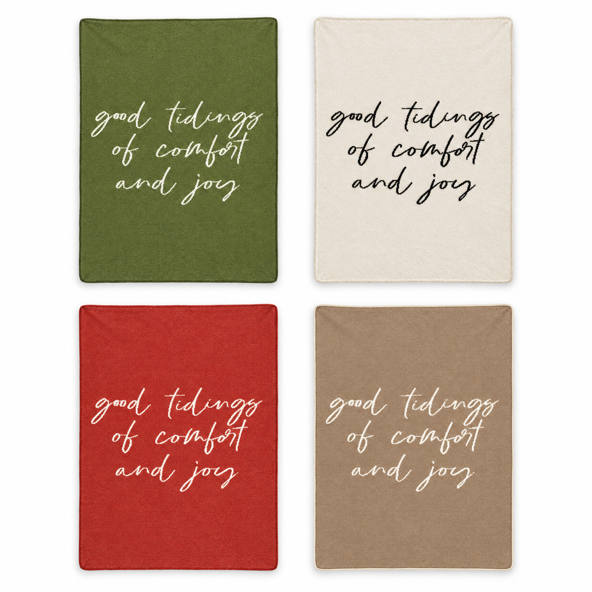Good Tidings of Comfort and Joy recycled cotton blanket — all four colors shown at matching scale