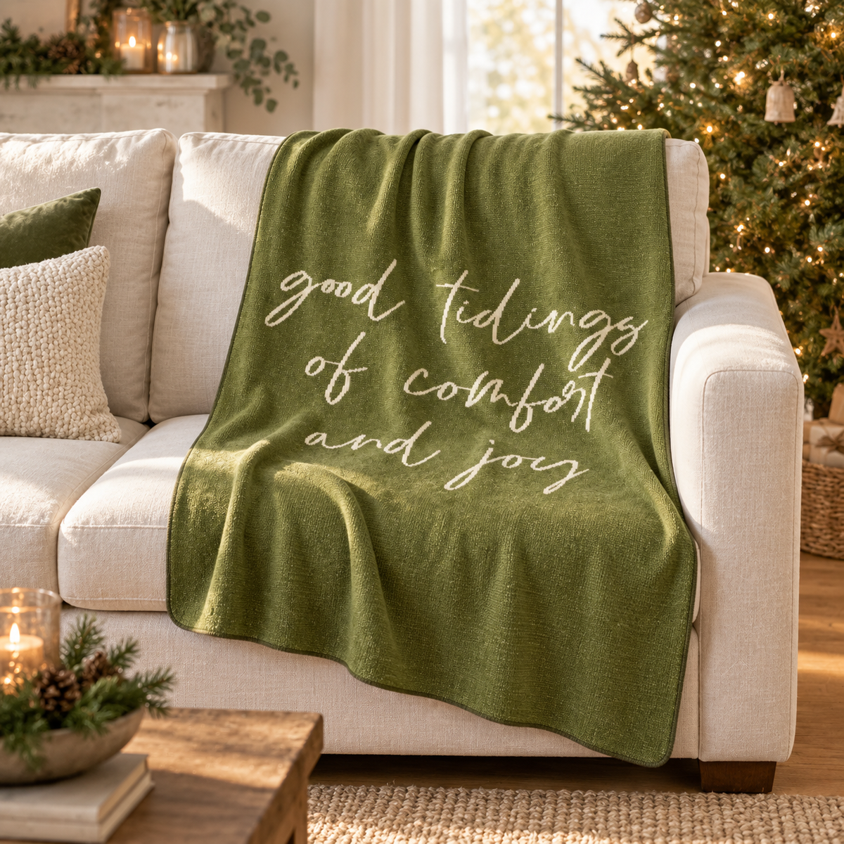 Good Tidings of Comfort and Joy recycled cotton blanket — Kaki Green throw on an ivory sofa in a Christmas living room