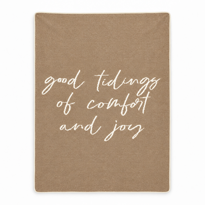 Good Tidings of Comfort and Joy recycled cotton blanket — Taupe studio flat lay