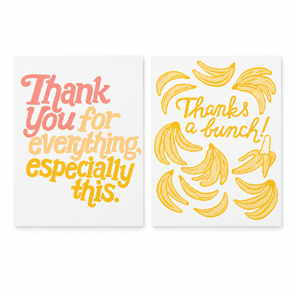 The Good Twin thank-you cards: For Everything and Banana Thanks. Choose one design; sold separately.