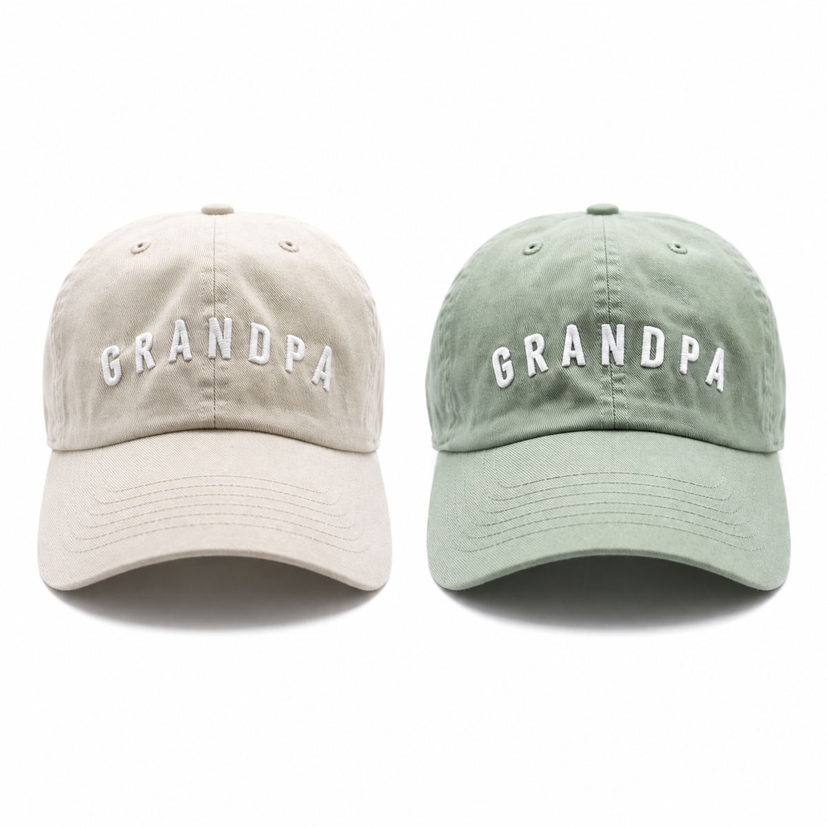 Rey to Z Grandpa hats in Dune and Dusty Sage, sold separately.