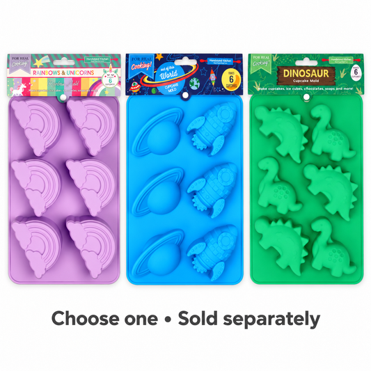 Rainbow, Planets + Rockets and Dinosaur silicone cupcake molds. Choose one; sold separately.