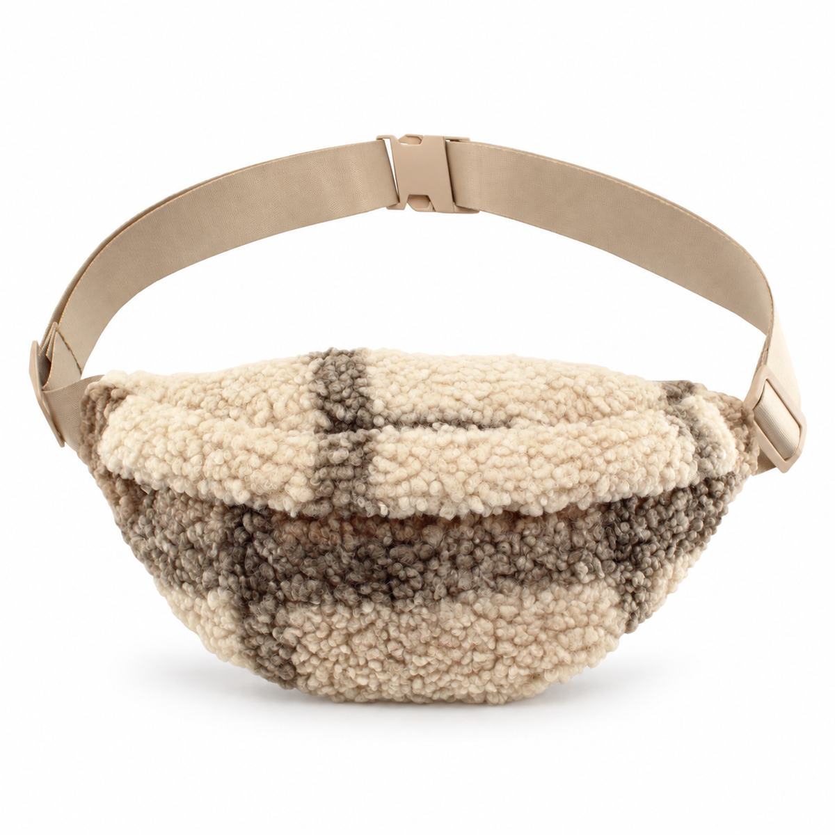 MYTAGALONGS Hazel oversized plaid sherpa belt bag with beige adjustable strap on white