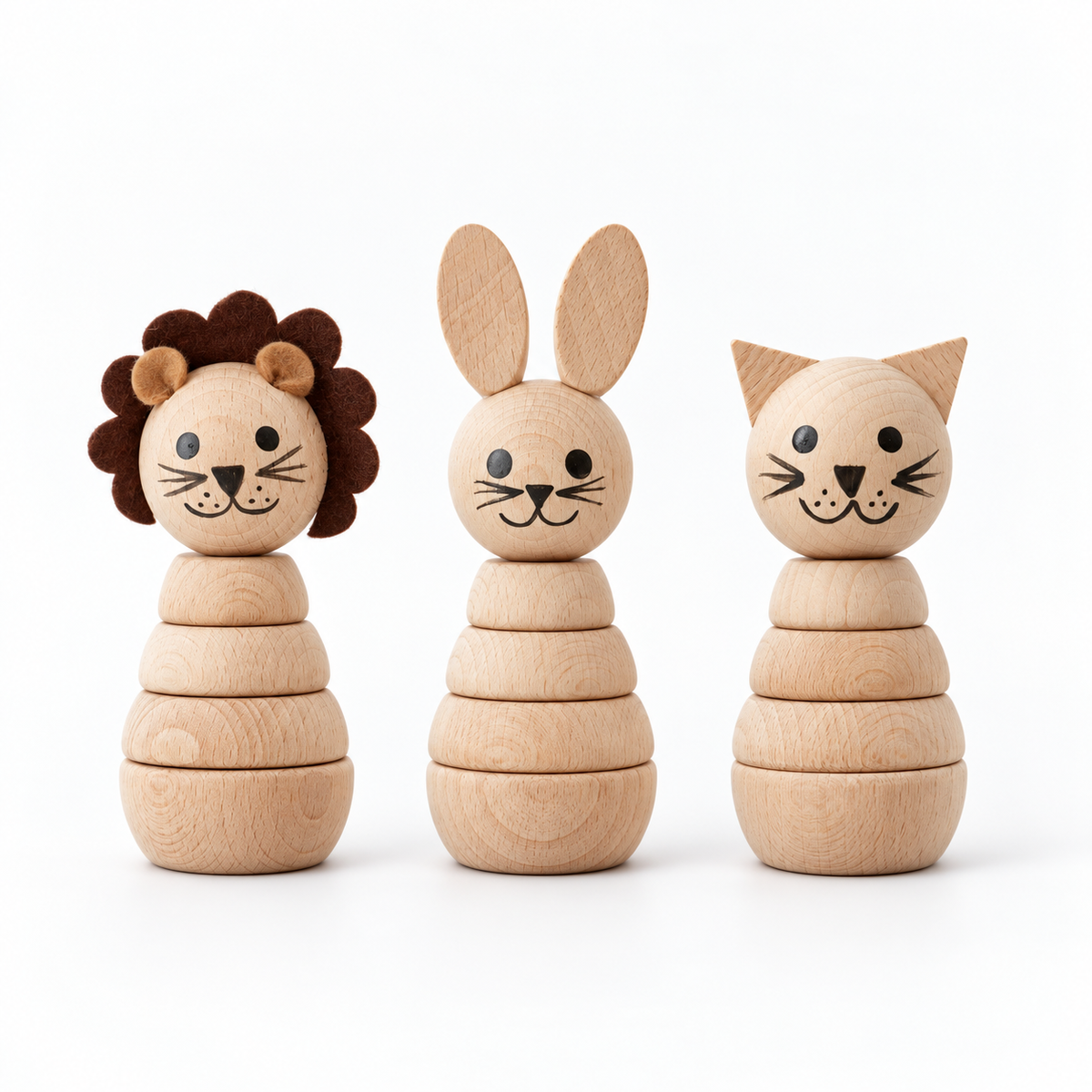 Wooden Animal Stacking Toy | Dottie Maie: Lion, Bunny, Cat. Options sold separately.