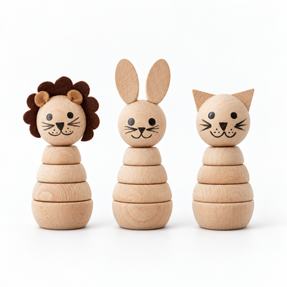 Wooden Animal Stacking Toy | Dottie Maie: Lion, Bunny, Cat. Options sold separately.