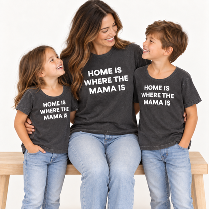 Mama and children wearing charcoal Home Is Where the Mama Is tees, with kids scoop necklines — studio rendering