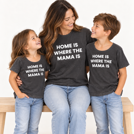 Mama and children wearing charcoal Home Is Where the Mama Is tees, with kids scoop necklines — studio rendering