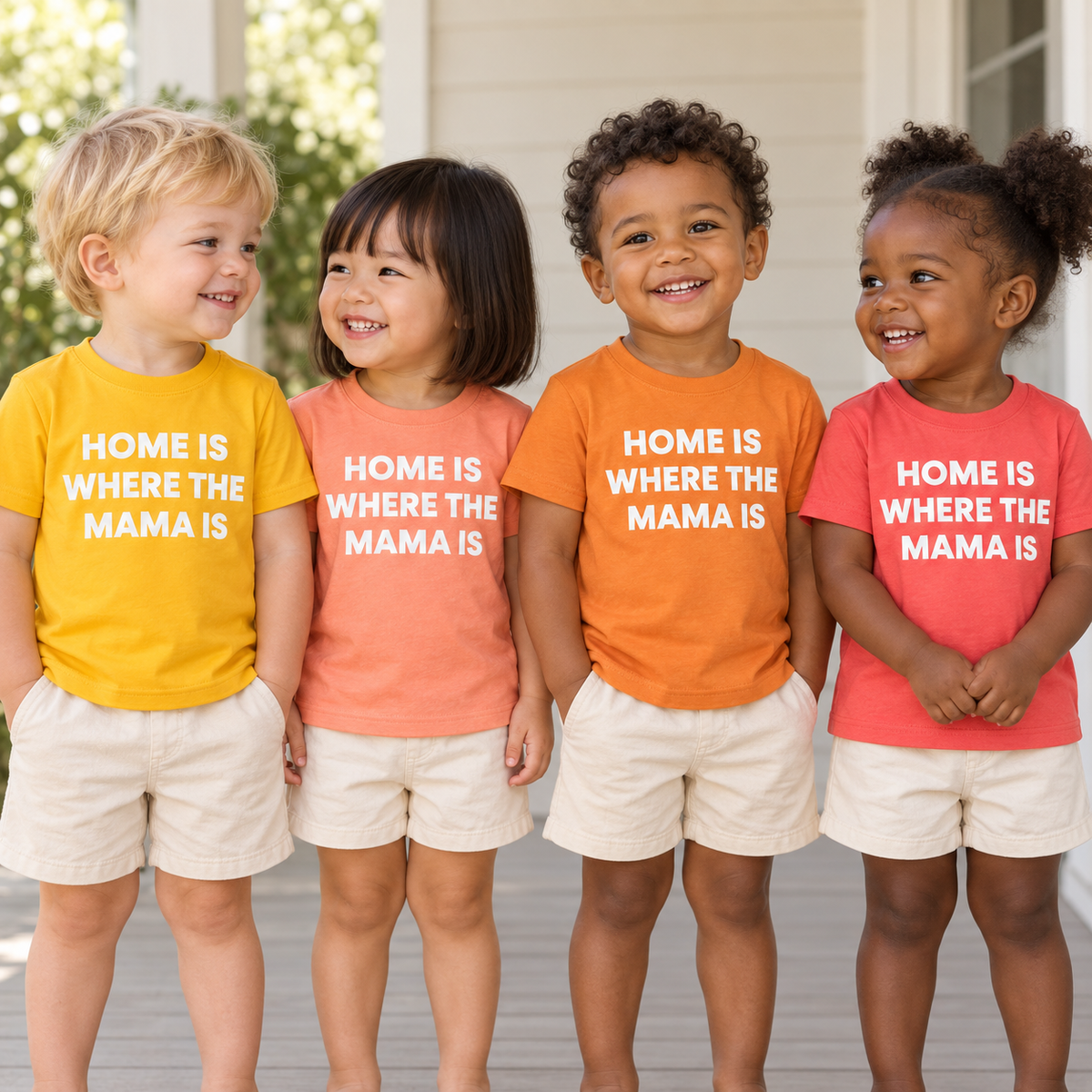 Toddlers in Radiant Yellow, Papaya, Amberglow and Living Coral Home Is Where the Mama Is tees; colors sold separately — AI-generated lifestyle image