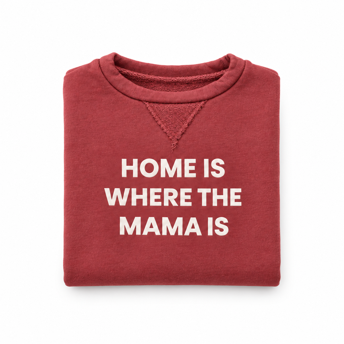 Home Is Where the Mama Is kids sweatshirt in Marsala, folded view showing rolled neckline and textured V insert
