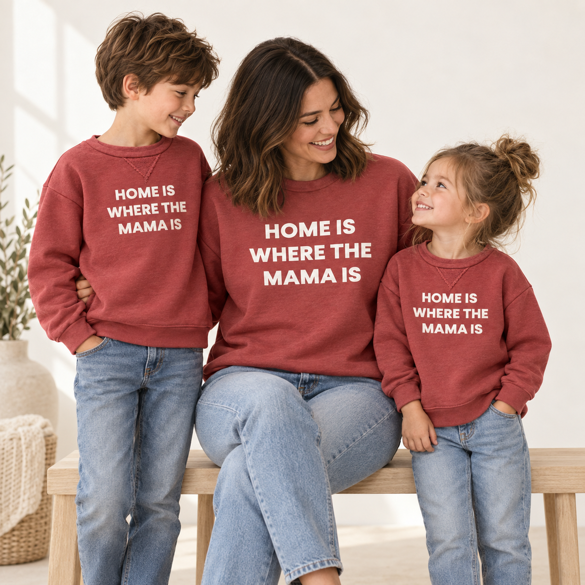 Mama and mini wearing coordinating home mama marsala styles — studio rendering